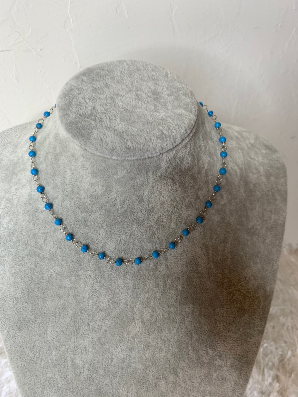 Turquoise Bead Silver Chain Hook Closure 16" Long Boho Retro Casual